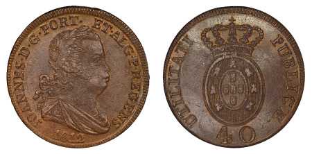 Portugal 1812 (Cu) 40 Reis, Joannes, NGC MS 64 Brown