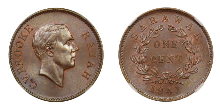 Sarawak 1941 H (Cu) 1 Cent, Rare Date, NGC MS 65 Brown