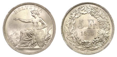Switzerland 1875 B (Ag) 5 Francs, Dot After B, NGC MS 64+
