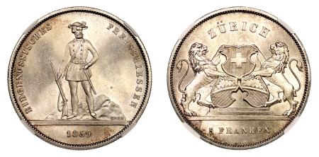 Switzerland 1859 (Ag) Zurich, 5 Francs, NGC MS 64