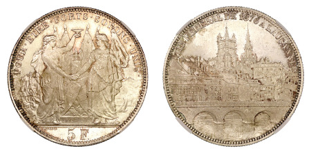 Switzerland 1876 (Ag) Lausanne, 5 Francs, NGC MS 66