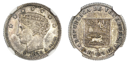 Venezuela 1858 A (Ag) 1/2 Real, 1 Year Type, NGC MS 62