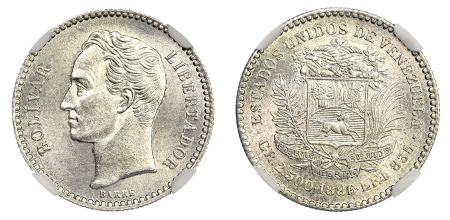 Venezuela 1886 (Ag) 1/2 Bolivar, Second 8 Low, NGC MS 63
