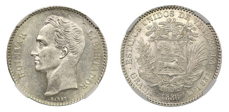 Venezuela 1886 (Ag) 1 Bolivar, Narrow Date, NGC MS 62