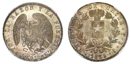 Chile 1839 So IJ (Ag) 8 Reales , NGC MS 64