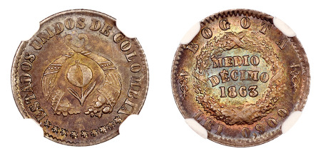 Colombia 1863 (Ag) Bogota, 1/2 Decimo, , NGC MS 64
