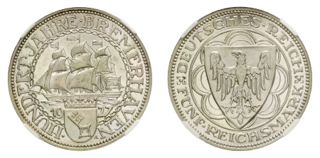 Germany 1927 A (Ag) Weimar Republic 5 Marks Bremerhaun , NGC Proof 66