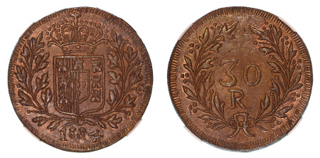 India 1834 Portuguese Goa (Cu) 30 Reis Pattern, NGC MS 66 Brown