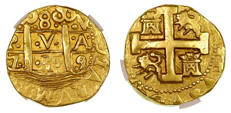 Peru 1739 / 8 Lima Y/N (Au) 8 Escudos, Rare Overdate, Philip V , NGC XF 45