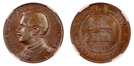 Italian Somaliland  1924 R (Cu) 2 Bese, Victorio Emanuele III, , NGC MS 64 Brown