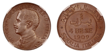 Italian Somaliland  1909 R (Cu) 4 Bese, Victoria Emanuele III , NGC MS 64 Brown