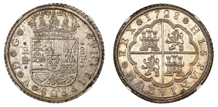 Spain 1728 F (Ag) Segovia, 8 Reales, Philip V , NGC MS 64