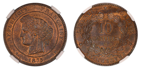 France 1875 A (Cu) 10 Cent Repubic, NGC MS 65 Brown