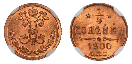 Russia 1900 CNB (Cu) 1/4 Kopek. Graded MS 65 Red