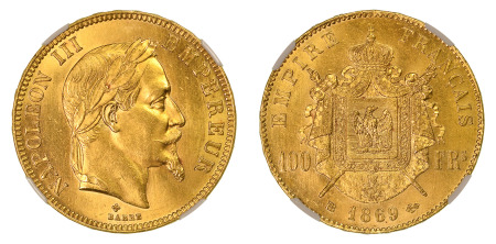 France 1869 BB (Au) 100 Francs, Napoleon III, NGC MS 64