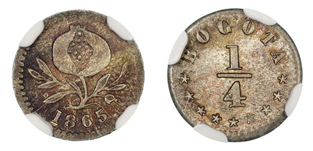 Colombia 1865 (Ag) Bogota, 1/4 Decimo, NGC MS 65