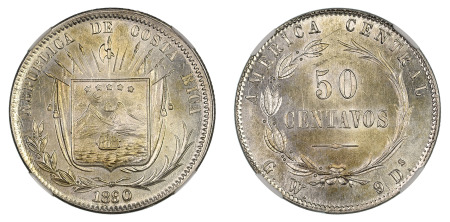Costa Rica 1890 / 80 GW, 50 Centavos, NGC graded MS 64