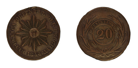 Uruguay Copper 20 cent 1844 KM 2.2
