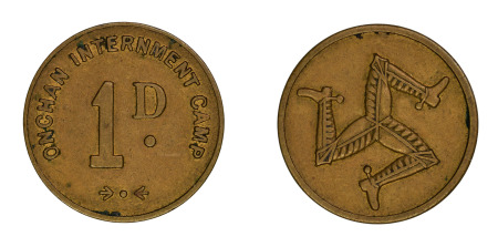 Isle of Man 1914-1918 Brass 1 Penny token "Onchan Internment Camp"