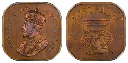 Australia 1920 dated (Cu) Pattern 5 Shillings (NGC Graded PF 66 RB)
