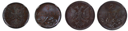 Albania 1935 R (Cu) 2 Coin lot; 1 Quindor & 2 Quindor (KM 14 & KM 15), NGC Graded MS 66 Brown, MS 65 Brown