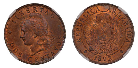 Argentina 1892 (Cu) 2 Centavos (KM 33), NGC Graded MS 65 Red Brown