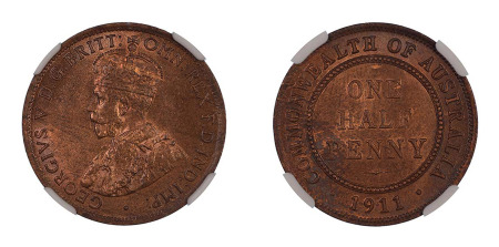 Australia 1911 (Cu) 1/2 Penny (KM 22), NGC Graded MS 65 Red Brown