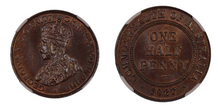 Australia 1927 (Cu) 1/2 Penny (KM 22), NGC Graded MS 65 Brown