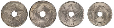 Belgian Congo 2 Coin Lot 1911, 1928 (Cu-Ni) 10 Centimes (KM 18) NGC Graded MS 67 & MS 66
