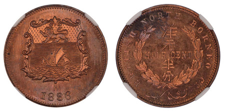British North Borneo 1886 H (Cu) 1/2 Cent (KM 1), NGC Graded MS 64 Red Brown