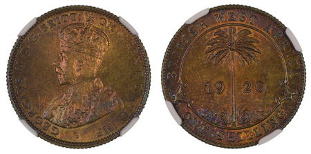 British West Africa 1920 KN (Tin - Brass) Shilling (KM 12a), graded MS 65 by NGC