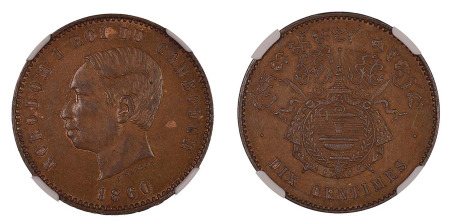Cambodia 1860 (Cu) 10 Centimes, NGC Graded MS 63 Brown
