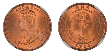 Ceylon 1926 (Cu) 1 Cent George V (KM 107), NGC Graded MS 66 Red