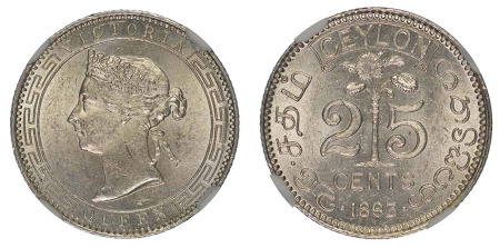 Ceylon 1893 (Ag) 25 Cents, Victoria (KM 95), NGC Graded MS 64