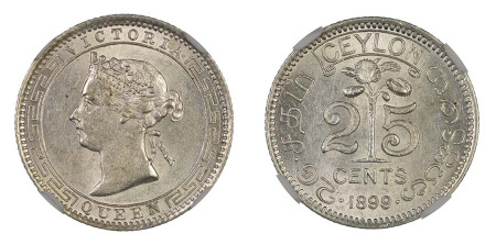 Ceylon 1899 (Ag) 25 Cents, Victoria (KM 95), NGC Graded MS 63