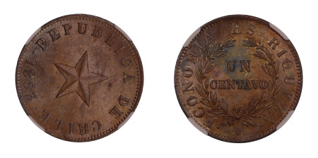 Chile 1853 (Cu) 1 Centavo (KM 127), NGC Graded MS 63 Brown