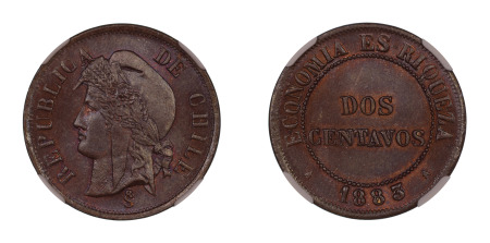 Chile 1883 / 73 So (Cu) 2 Centavos (KM 147a), NGC Graded MS 66 Brown