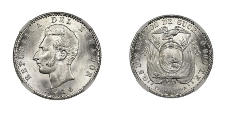 Ecuador 1914 TF (Ag) Philadelphia Mint; 2 Decimos (KM 51.4), NGC Graded MS 65