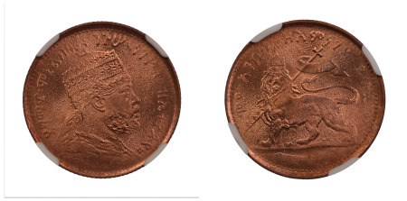 Ethiopia EE 1889 (1897) (Cu) 1/32 Birr (Silver 1/8 Birr Dies) (KM 10), NGC Graded MS 66 Red