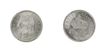 France 1867 BB (Ag) 20 Centimes, Napoleon III (GAD 309; KM 808), NGC Graded MS 65 +