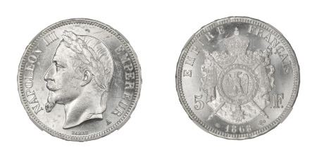 France 1868 A (Ag) 5 Francs, Napoleon III (GAD 739; KM 799.1), NGC Graded MS 62