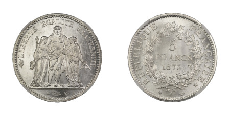 France 1873 A (Ag) 5 Francs (GAD 745a; KM 820.1), NGC Graded MS 65