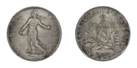 France 1908 (Ag) 2 Francs (GAD 532; KM 845.1), NGC Graded MS 65
