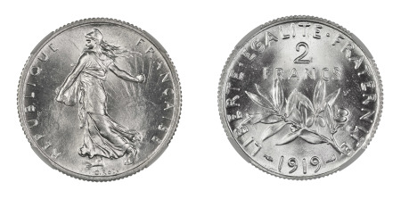 France 1919 (Ag) 2 Francs (GAD 532; KM 845.1), NGC Graded MS 66