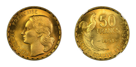 France 1951 (Alum. Bronze) 50 Francs (GAD 880; KM 918.1), NGC Graded MS 66
