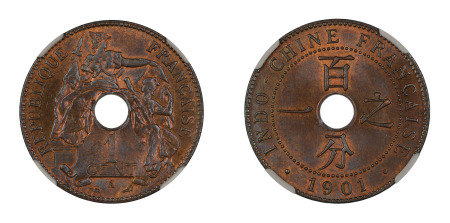 French Indo China 1902 A (Cu) 1 Centime (KM 8), NGC Graded MS 65 Red Brown