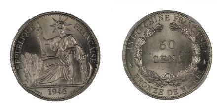 French Indo China 1946 (Cu-Ni) 50 Centimes Essai (KM E41) 1, 100 Mintage, NGC Graded MS 66