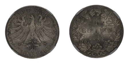 German States, Frankfurt 1843 (Ag) Gulden (KM 331), NGC Graded MS 65