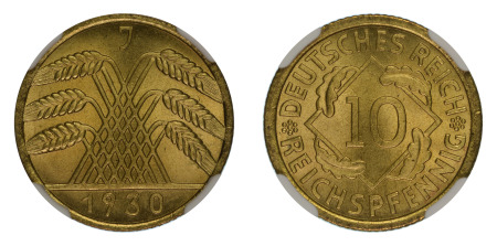 Germany 1930 J (Alum. Bronze) 10 Pfennig (KM 40), NGC Graded MS 66