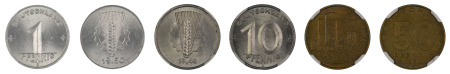 Germany 3 Coin Lot, 1950 E 1 Pfennig (Alum.), 1948 A 10 Pfennig (Alum.), 1950 A 50 Pfennig (Alum. Bronze), NGC Graded MS 65, MS 63, MS 66